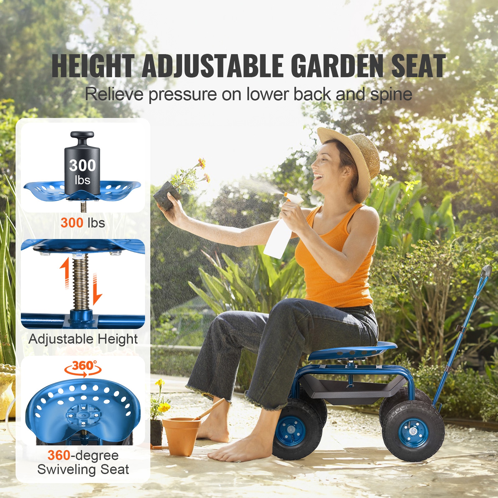 Garden Rolling Work Seat With Swivel Chair And Tool Tray Blue_voghion.com